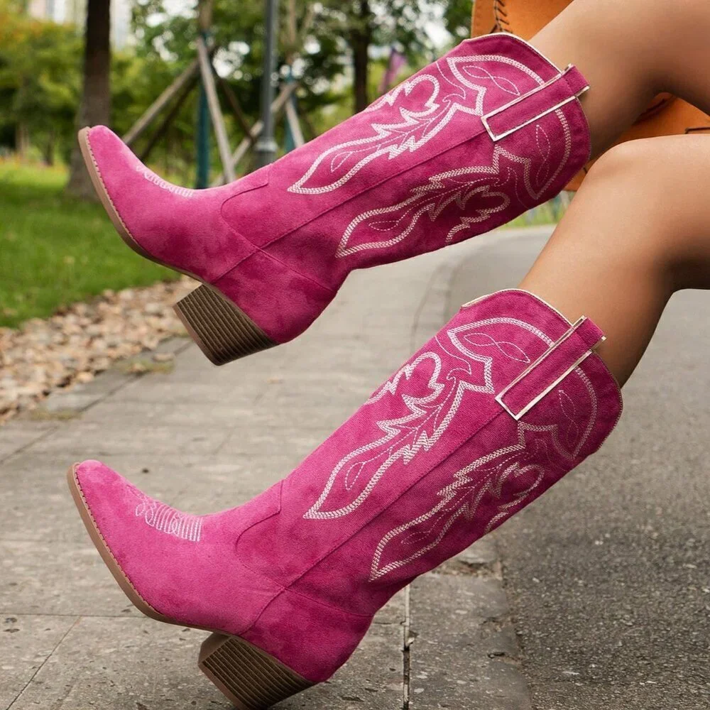 Hot Pink Western Women's Wedge Heel Embroidered Metallic Sequin High Boots